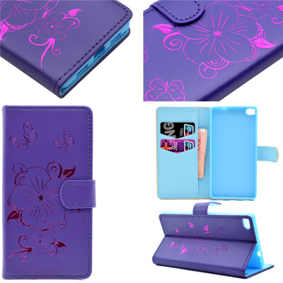 

Purple Hot Stamping Foil Gold Design PU Leather Flip Cover Wallet Card Holder Case for Huawei Ascend P8