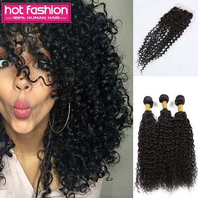 

8A Grade Unprocessed Human Virgin Hair 3 Bundles With Closure Peruvian Kinky Curly Hair With Closure,Lace Closure With Bundles