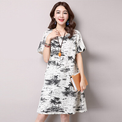 

JIANZHI JIANZHI 2017 summer new cotton&linen printing Chinese national wind pregnant women large size short sleeve shirt dress 6036 black flower