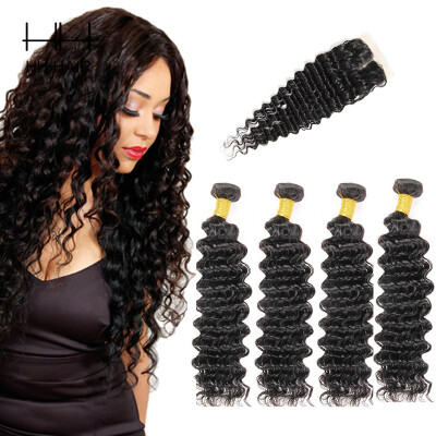 

Malaysian Virgin Hair With Closure Malaysian Deep Wave 4 Bundles With 1pc 4x4 inch Lace Closure Human Hair Weave