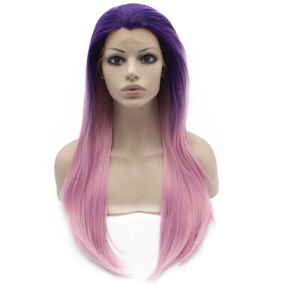 

Iwona Synthetic Hair Lace Front Long Stright Ombre Purple Pink Two Tone Wig