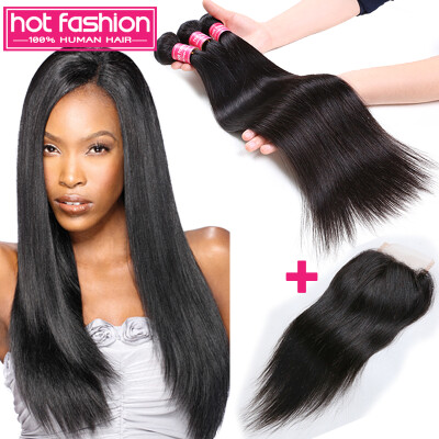 

Hot Indian Virgin Hair With Lace Closure 3 Pcs Lot Cheap Straight Human Hair With Closure Piece Hot Fashion Hair With Closure