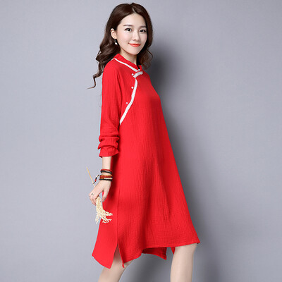 

MAXWAY Women&39s Wear 2017 Spring Artistic Retro Chinese Style Loose Long Sleeve Closed Skirt Long Sleeve Dress MW090 Red M