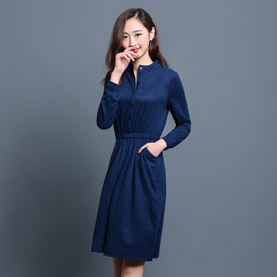 

KuoyiHouse 7007 suede dress Korean version of the collar collar straight color skirt Slim was thin loose waist dress female blue