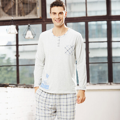 

HACAI men&39s pajamas long-sleeved modal round neck thin box cartoon printing male home service suit light gray 175100 XL