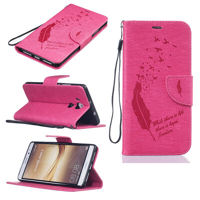 

Rose red Feathers and birds Style Embossing Classic Flip Cover with Stand Function and Credit Card Slot for HUAWEI Mate 8