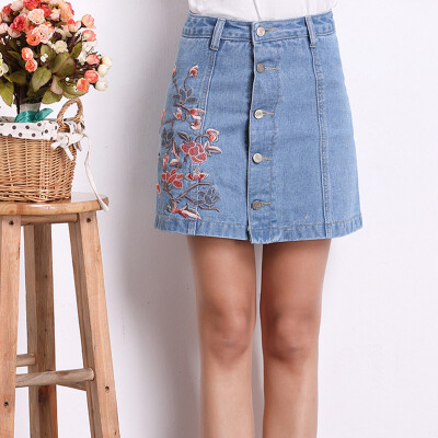 

Longyue Women Retro Embroidered Denim Skirt Embroidered Half-Length Single-breasted A-style Skirt LWQZ173419 Light Blue L