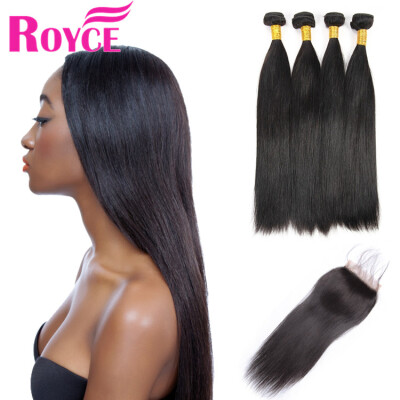 

Royce Malaysian Silky Straight 4Bundles with Closure Unprocessed Human Hair Weave Extensions Straight Bundles with44 Lace Closure