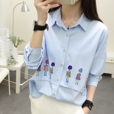 

Longyue Women Korean Slim Spring Long Sleeve Shirt Wild Fashion Long Fancy Shirt LWCC171119 Blue L