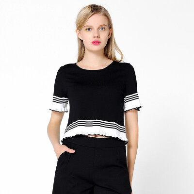 

TMi Mystery Women Slim Striped Round Knit Sweater 172008-1 Black M