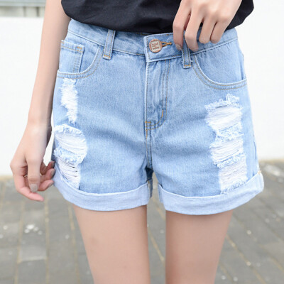 

VIVAHEART Korean casual non-stretch hole straight shorts female jeans VWKN174244 light blue 26