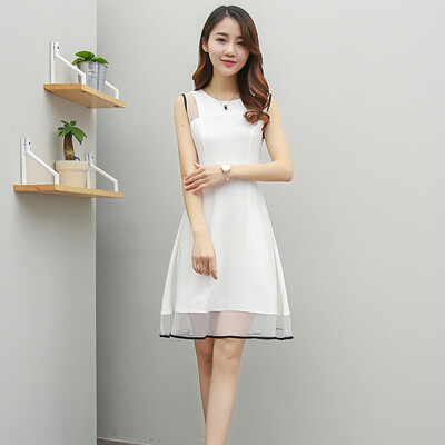 

Longyue Women&39s Wild Pure Color Dresses Temperament Round Collar Splicing Net Yarn Skirt LWQZ174213 White L
