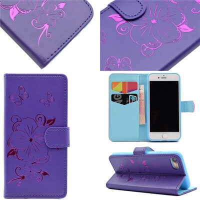 

Purple Hot Stamping Foil Gold Design PU Leather Flip Cover Wallet Card Holder Case for iPhone 7