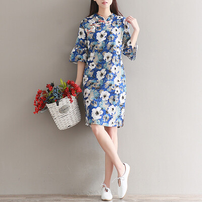 

City plus CITYPLUS retro art bouquet cotton&linen printing improved collar collar cheongsam dress dress CWQZ174466 blue L