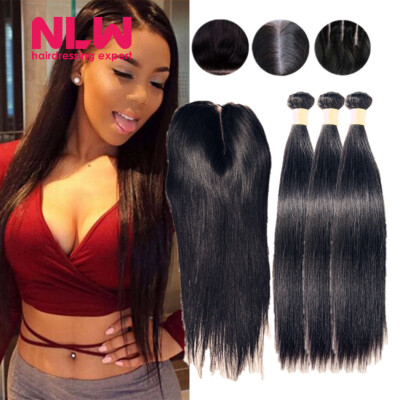 

4" x 4" 8A grade Brazilian Virgin human Hair Top Lace closure With 3 pcs unprocessed Silky Straight black Hair Bundles weft