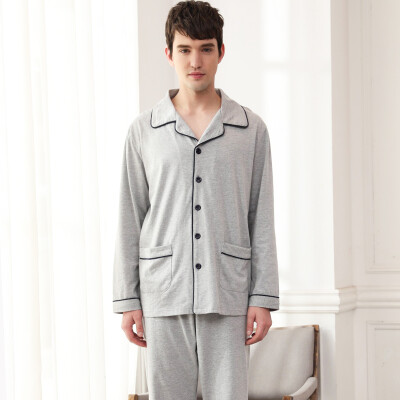 

Modal couples pajamas men&39s cotton long-sleeved trousers lapel sweater solid color home service suit light gray