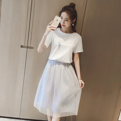 

VIVAHEART Korean Women&39s Letter Embroidered Dress T-Shirt Skirt Set VWQZ174250 White L
