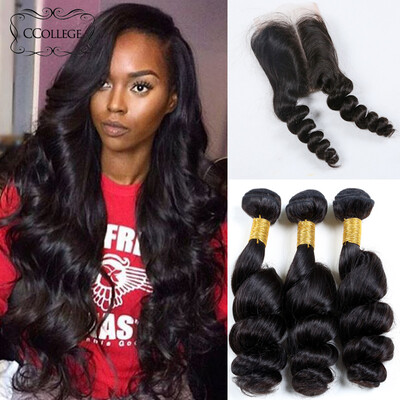 

Brazillian Loose Wave 3 Bundles With Lace Closure Ccollege Hair 8A Brazilian Virgin Human Hair Weaves And Closure Free Shipping