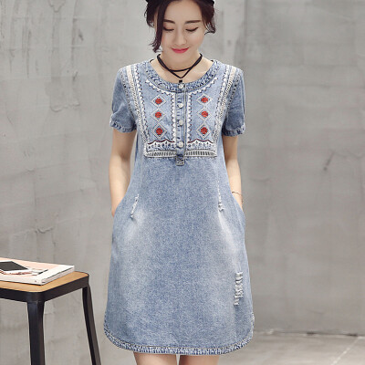 

2017 Summer Denim Dress Sweet Joker Round Neck Short Sleeve Large Size Loose Bag Hip Skirt S62A0675A507M Denim Blue