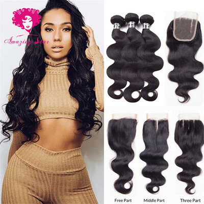 

Amazing Star Hair 7A Indian Virgin Hair 3 Bundles with Closure Body Wave Hair Weave with Crochet Closure Top Quality Double Weft
