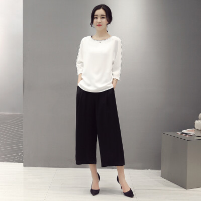 

A pond morning 2017 autumn women&39s self-cultivation temperament two-piece suit sleeves fashionable wide leg pants suit female S71R0521 on the white under the black