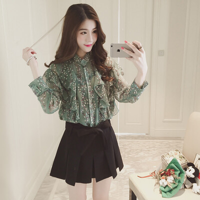 

sustory ladies 2017 spring section Korean version of the small fresh floral ear ear chiffon shirt long sleeves relaxed&elegant thin casual printing bottom shirt SU067 green S