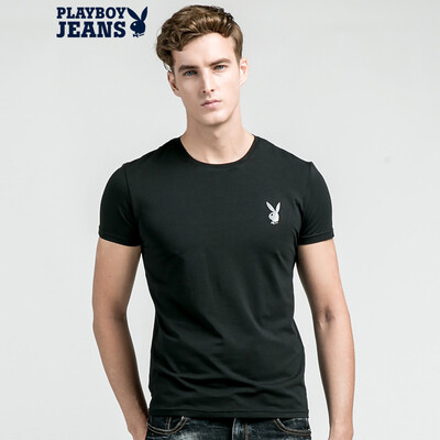 

Playboy PLAYBOYJEANS мужская футболка с коротким рукавом с круглой шеей чистого цвета Slim half sleeve эластичная простая хлопчатобумажная куртка Европейское и американское летнее лето 71102005 черный XL