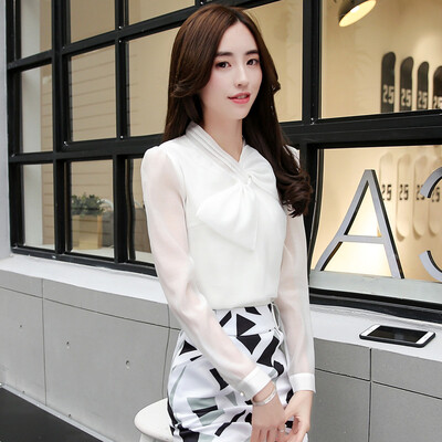 

A morning 2017 Korean version of the spring and summer chiffon shirt long sleeves loose simple small V-neck fashion elegant jacket S71R0280A7L white