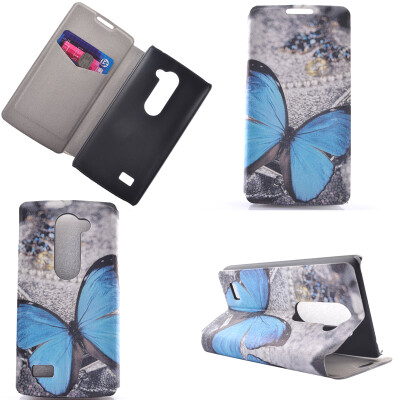 

Blue Butterfly Design PU Leather Flip Cover Wallet Card Holder Case for LG Leon