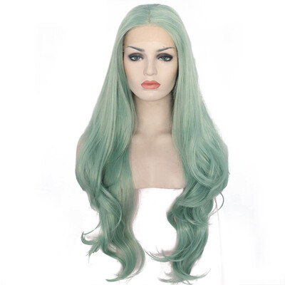 

Anogol Long Wavy Mint Green Heat Resistant Fiber Body Wave Natural Hair Wigs Peruca Laco Sintetico Synthetic Lace Front Wig