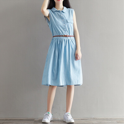 

CITYPLUS Sen Female Cowboy Long Skirt Loose Large Size Shirt Collar Vest Skirt Breath Sleeveless Dress CWQZ172355 Light Blue M