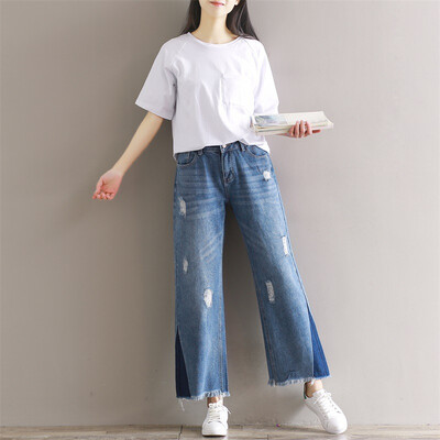 

CITYPLUS Sen Wo Department of Arts&Crafts retro burr wide leg nine pants hole hole side triangle fight color jeans CWKN172354 blue M