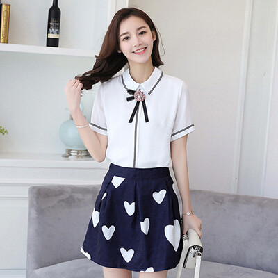 

Longyue women&39s wild short-sleeved chiffon shirt love printing short skirt LWQZ174217 white