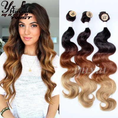 

2017 Hot Sale 4PcsLot Ombre Synthetic Blonde Body Wave Hair Weave 3 Bundles With Closure 18"-22" 240g Long Hair Extensions