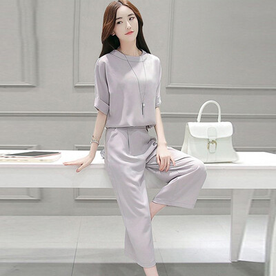 

Siberian Woman 2017 Summer Gray Short Sleeve Tunic Collar High Waist Harlan Wide Leg Pants Set Spring S72R0251A11XL Gray XL