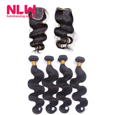 

8A Free Shipping Malaysian Body Wave 4 by 4 Inch Lace Frontal Closure with 2 Bundles Body Wave Hair Weft Black Bouncy NLWHair
