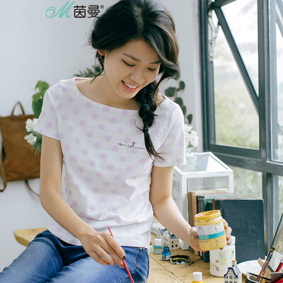 

INMAN 2017 summer new text cotton short-sleeved striped T-shirt female wave point purple M 1872022381