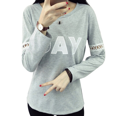 

Long Yue Women Korean version of the hollow long-sleeved T-shirt splicing sleeve round neck large yards primer LWTC172308 white M
