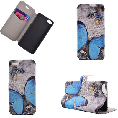 

Blue Butterfly Design Кожа PU откидной крышки Кошелек для карты памяти Чехол для iPhone 5S/SE