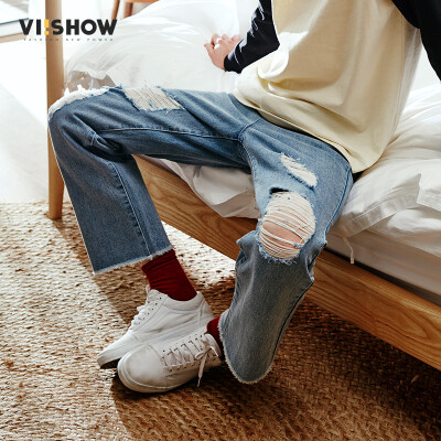 

Wei Xiu (viishow) jeans men's water wash the cat to be broken straight jeans men's casual long pants tide NC11021721 cowboy blue XXL