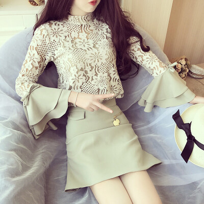 

sustory women 2017 Japanese collar collar embroidery lace stitching yarn double-layer speaker sleeves bow half skirt two sets of spring SU075 light green