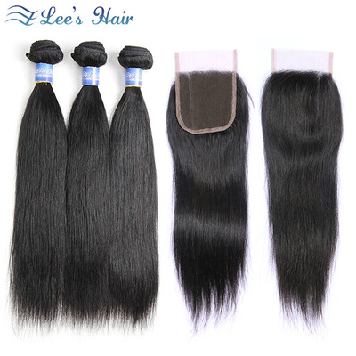 

ELees Hair 8A Peruvian Virgin Hair Straight Hair With Lace closure Human Hair 3 Bundles With 44 Closure