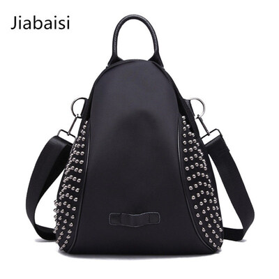 

Jiabaisi shoulder bag multifunction 3 Fashion Rivets Retro Black lightweight Women backpack waterproof Fabric Ladies Crossbody bag
