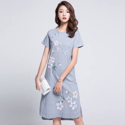 

Siberian woman 2017 summer buckle printing embroidery Chinese wind cheongsam temperament plain dress S72R0224A11M gray