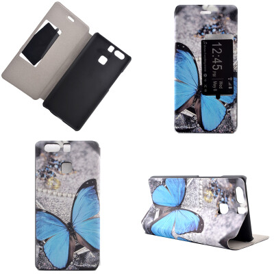 

Blue Butterfly Design Кожа PU откидной крышки Кошелек для карты памяти Чехол для Huawei P9