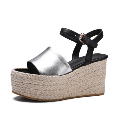 

WETKISS 2017 Fashion Straw Weave Wedges Women Sandals Genuine Leather Platform Shoes High Casual Ankle Strap Thick Sole Sandals