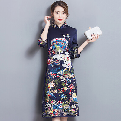 

MaxWay увеличение женщин 2017 весна ретро печати платье Cheongsam воротник платье леди Китайский стиль улучшилось длинный отрезок MW006 темно-синий M