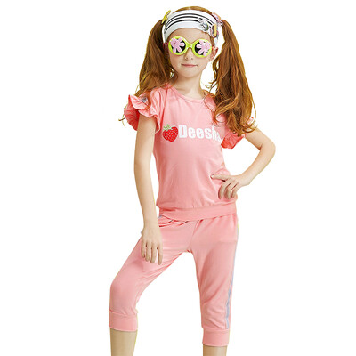 

Disha DEESHA Girls' Set Striped Ribbon Silky Ear Comfortable Short Sleeve Pants Set 711721903 Leather Powder 160