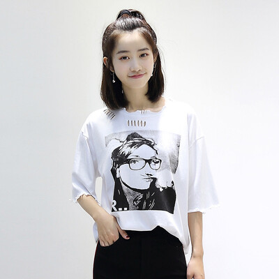 

City plus CITYPLUS literary Fan loose thin pattern printing hole round neck long section T-shirt female CWTD174477 black L