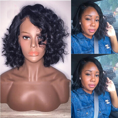 

130 Density Brazilian Short Wavy Wigs For Black Women Glueless Short Bob Lace Front Human Hair Wigs With Baby Hair